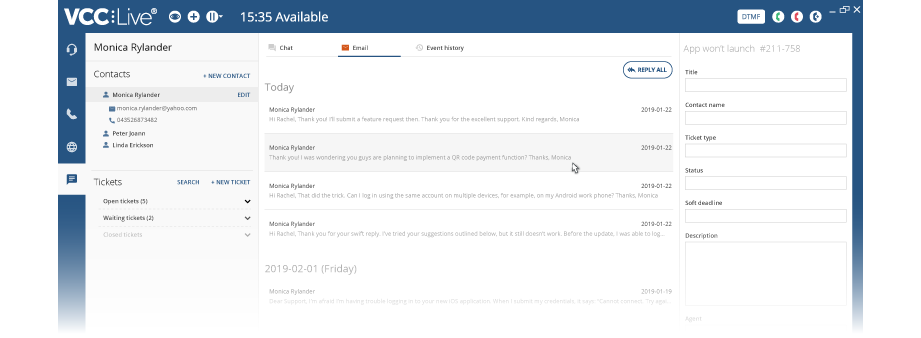 VCC Live Desk Ticket UI Screenshot