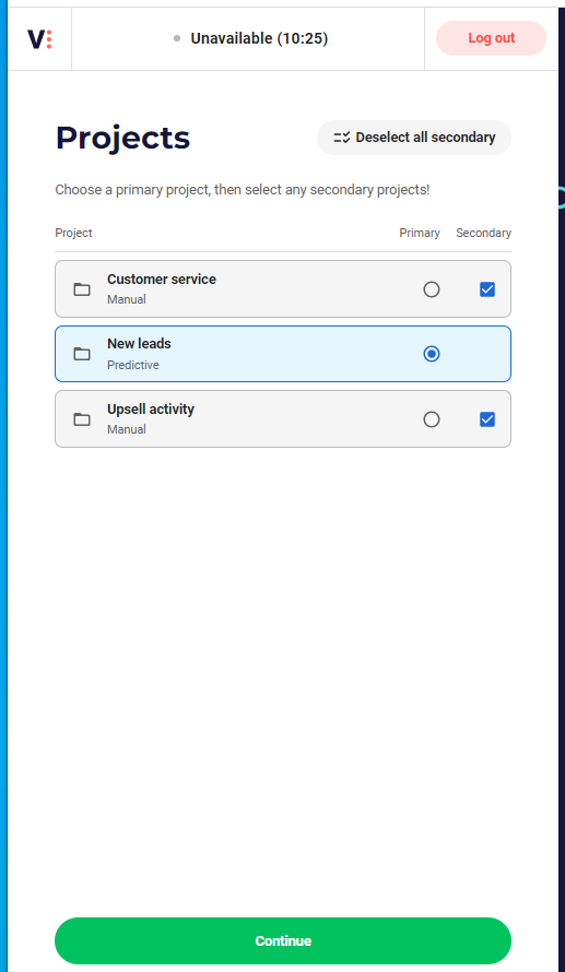 Project selection in VCC Live Omnichannel Agent interface