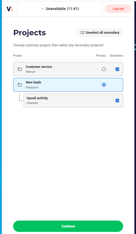 Selecting an inherited project in VCC Live Omnichannel Agent interface