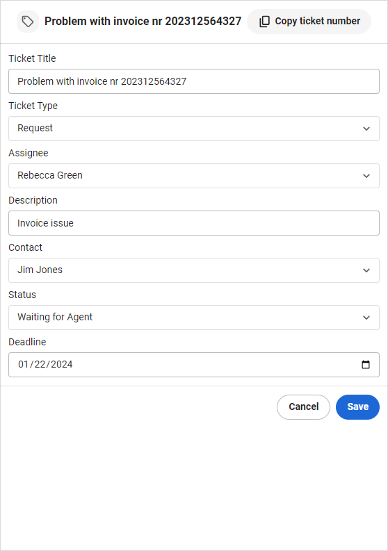 Ticket form in VCC Live Omnichannel workspace