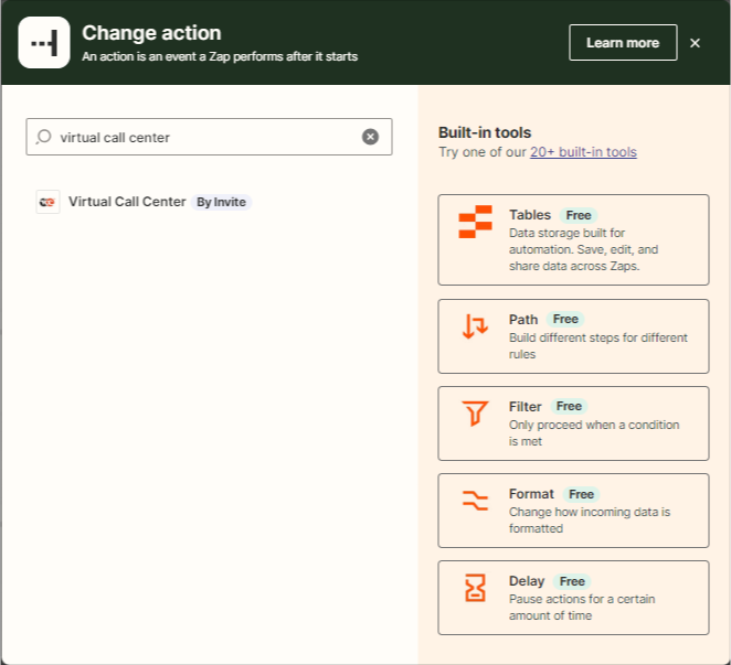 Setting up VCC Live action in Zapier