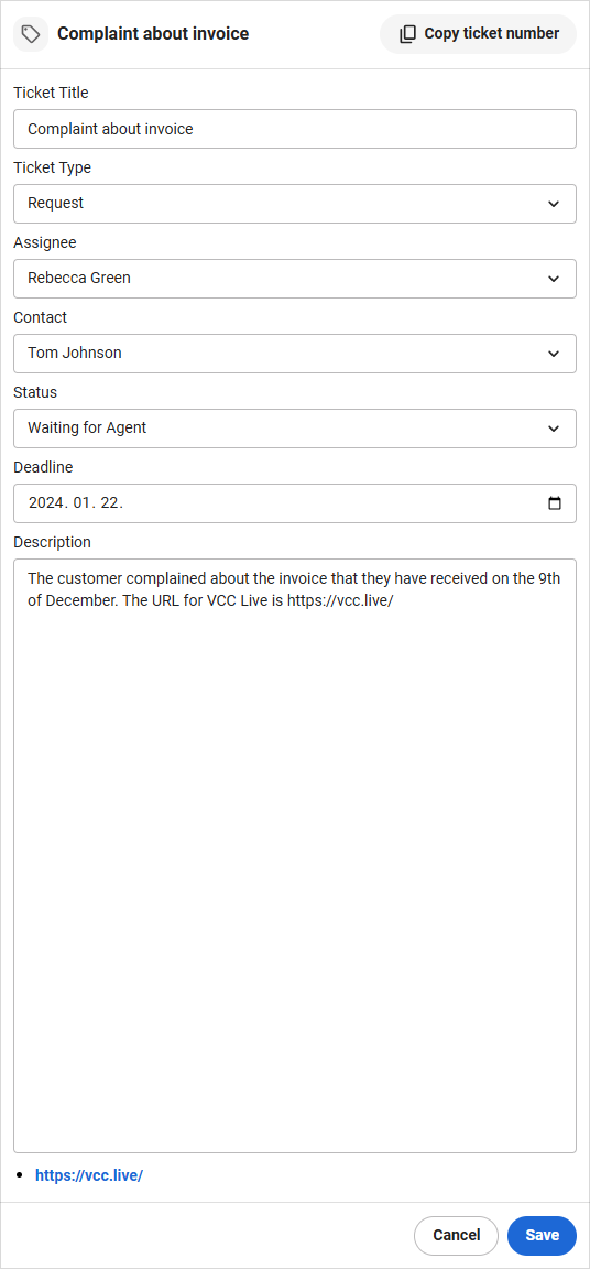 Ticket form in VCC Live Omnichannel workspace