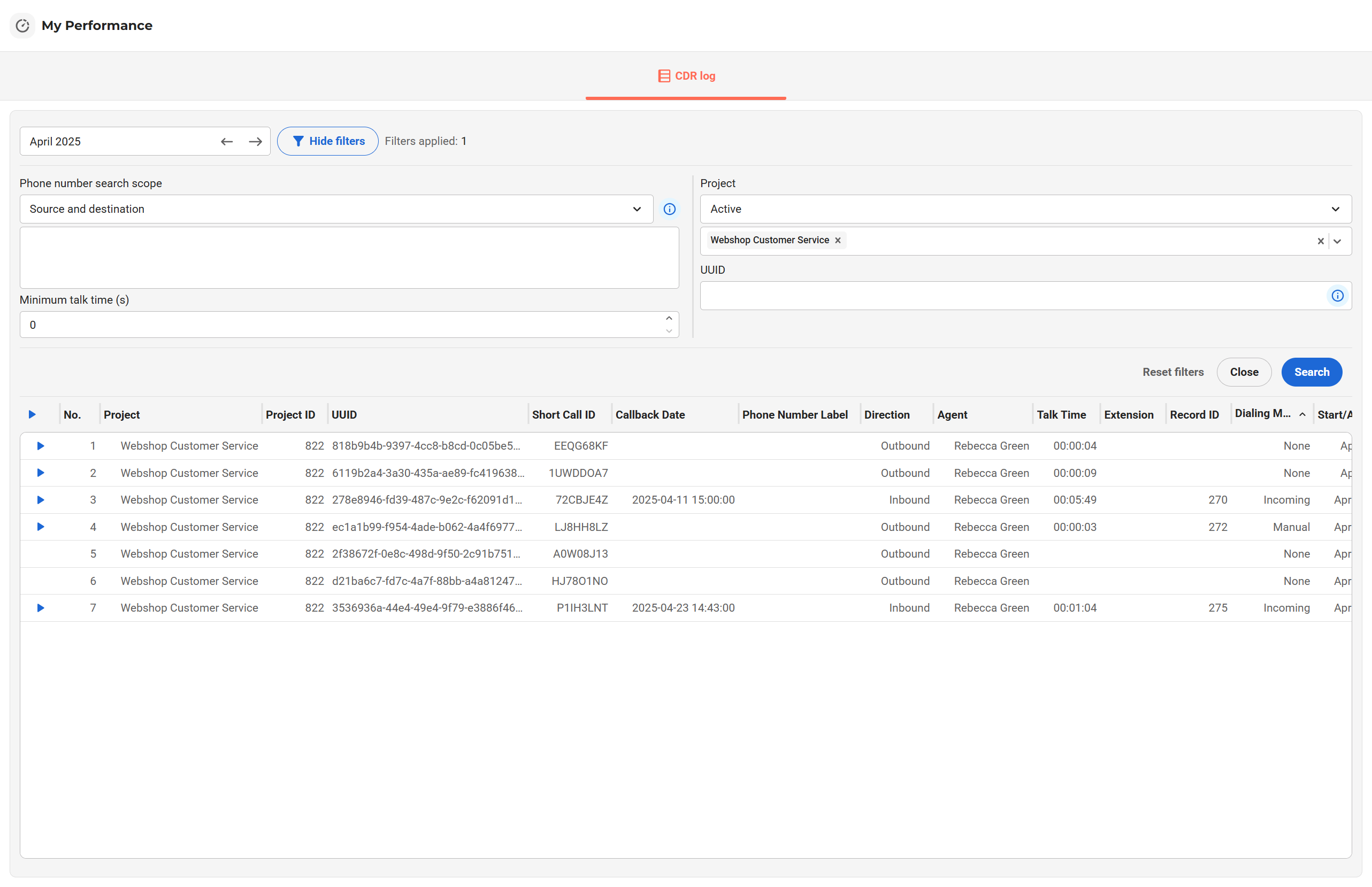VCC Live 360 Agent CDR Log