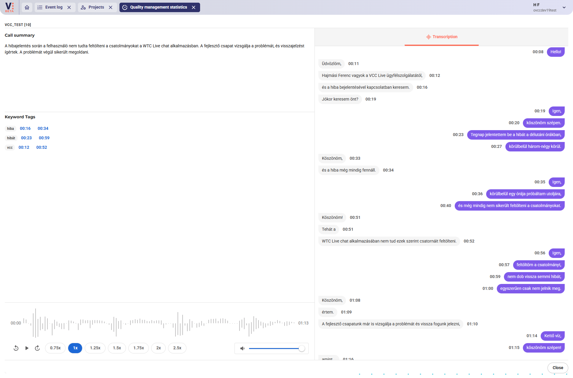 Displaying the transcript of a call in VCC Live 360