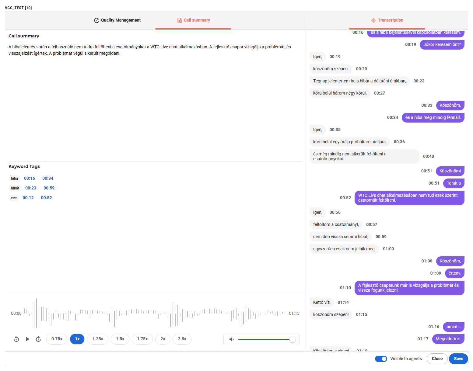 Displaying the transcript of a call in VCC Live 360